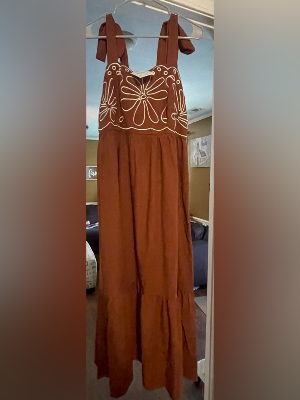 Rust Tie-Shoulder Maxi Dress with White Embroidered Bodice